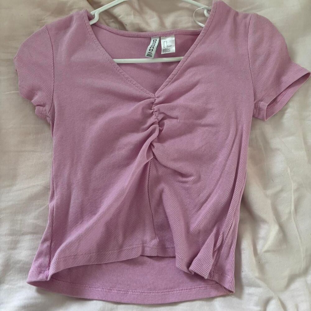 H&M Women's Pink With Ruching Ribbed Small Fitted Cropped Top T-Shirt